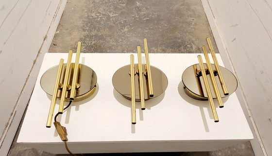 Image 1 of Midcentury Modernistisch Spiegelglas en Gouden Wandlampjes van Massive