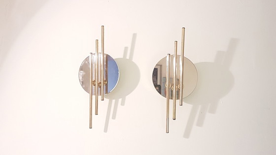 Image 1 of Midcentury Modernistisch Spiegelglas en Gouden Wandlampjes van Massive
