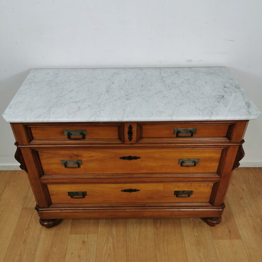 Vintage Frans Dressoir Commode, Ladekast, Badkamermeubel Met Marmer Blad