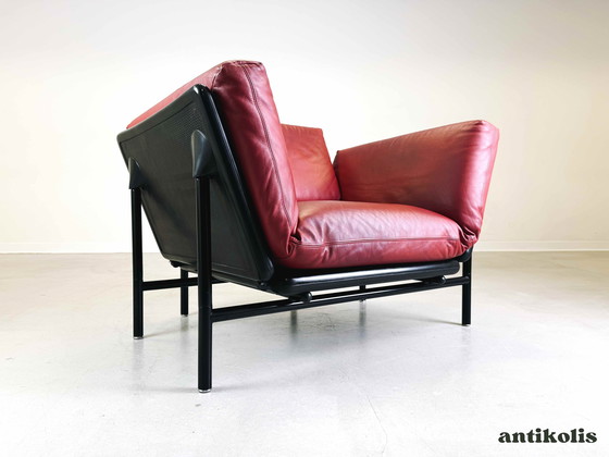 Image 1 of Vintage Rataplan fauteuil Dema Roberto Tapinassi leer rood zwart