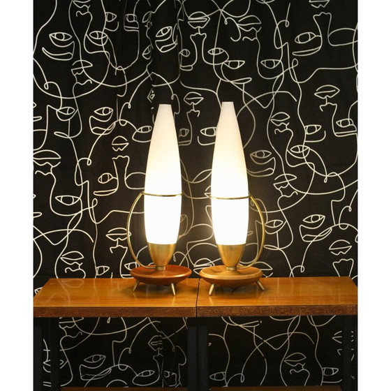 Image 1 of Paar vintage teakhouten en messing driepoot lampen Philips 1960