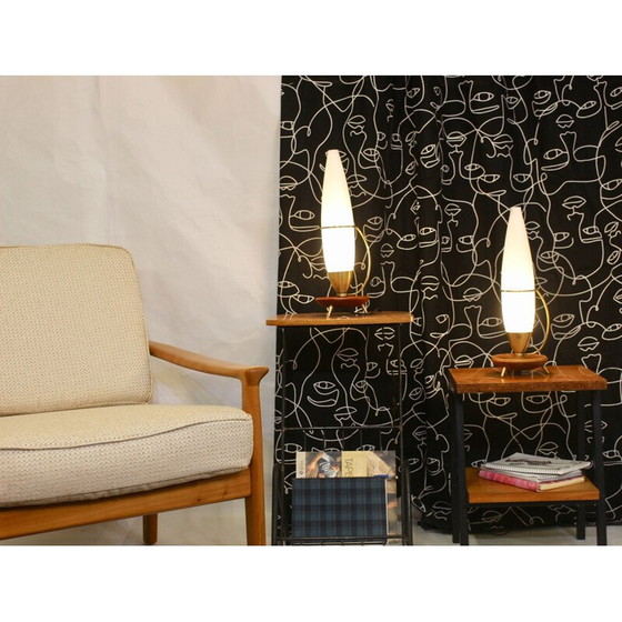 Image 1 of Paar vintage teakhouten en messing driepoot lampen Philips 1960