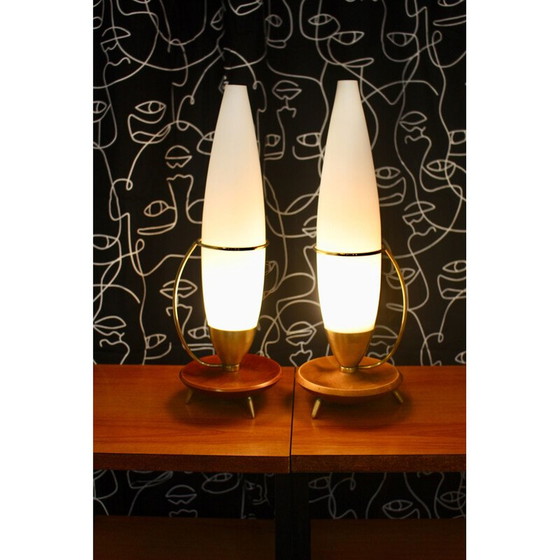 Image 1 of Paar vintage teakhouten en messing driepoot lampen Philips 1960