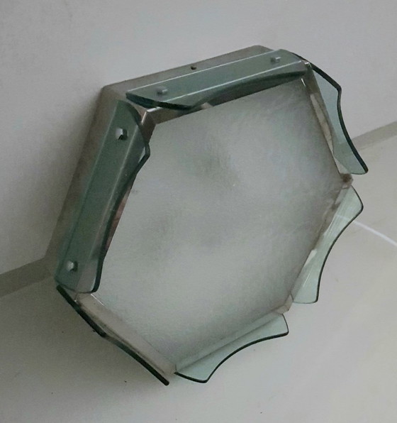 Image 1 of Italiaanse platte plafondlamp met groen glazen kap, 1960S