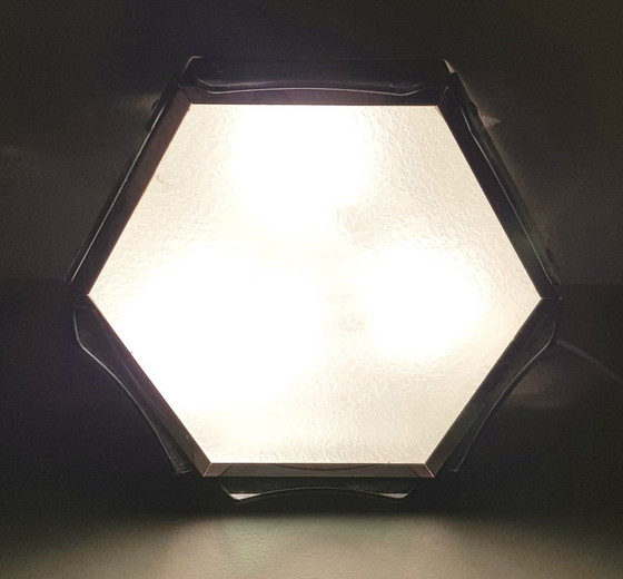 Image 1 of Italiaanse platte plafondlamp met groen glazen kap, 1960S