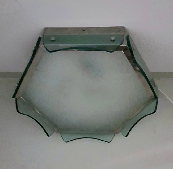 Image 1 of Italiaanse platte plafondlamp met groen glazen kap, 1960S