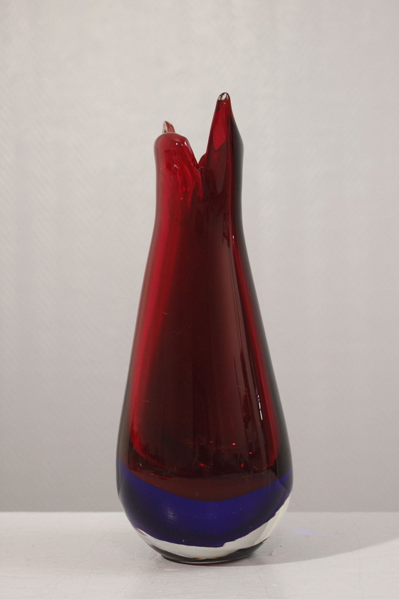 Image 1 of Sommerso Murano Rood & Blauw Trekhalsvaas Italië 1960S Gepolijst Seguso Stijl