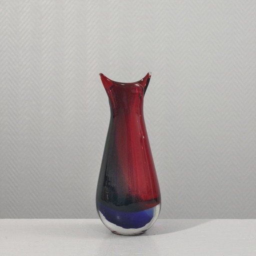 Vaas Sommerso Murano Rood & Blauw Kraag Getrokken Italië 1960S Stijl Poli Seguso