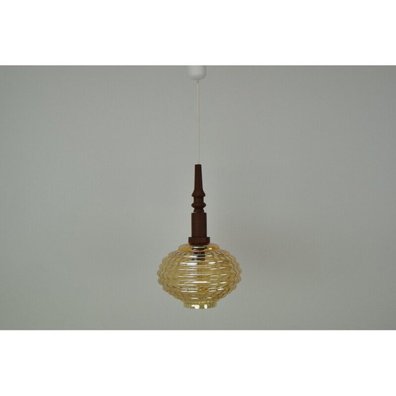 Image 1 of Vintage hanglamp van glas en hout, Tsjecho-Slowakije 1960