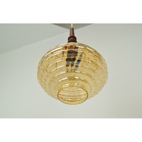 Image 1 of Vintage hanglamp van glas en hout, Tsjecho-Slowakije 1960