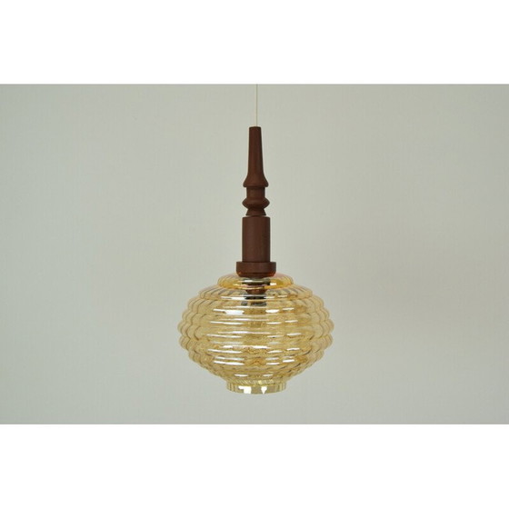 Image 1 of Vintage hanglamp van glas en hout, Tsjecho-Slowakije 1960