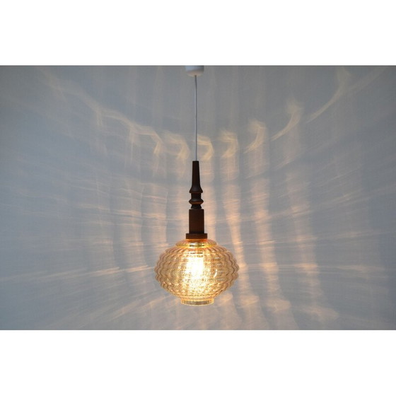 Image 1 of Vintage hanglamp van glas en hout, Tsjecho-Slowakije 1960