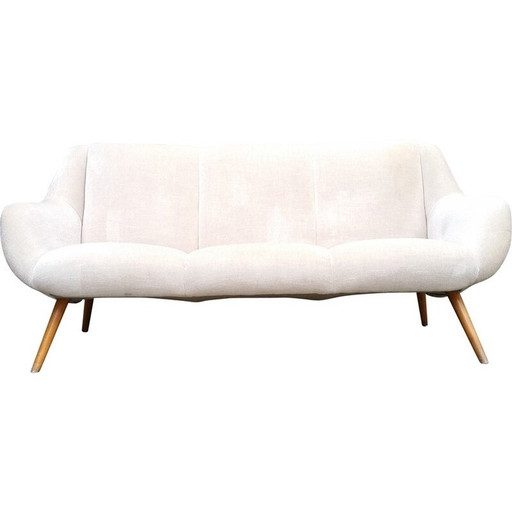 Vintage fluwelen 3-zitsbank met teakhouten poten, 1950