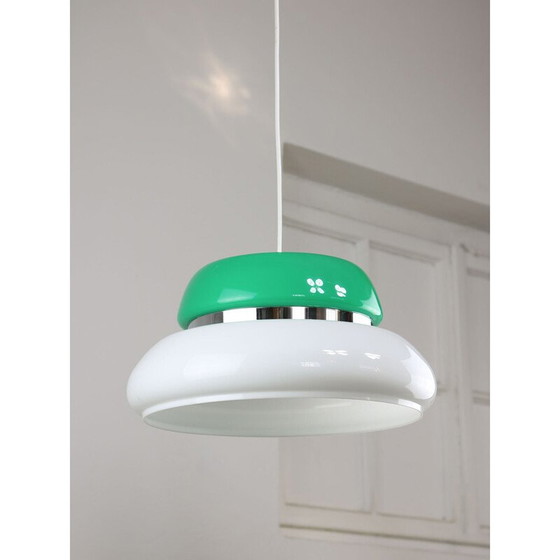 Image 1 of Vintage Space Age plafondlamp in wit en groen acrylglas, Italië 1970