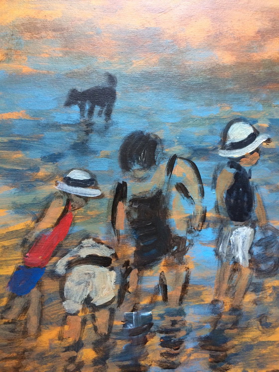 Image 1 of Schilderij van Henry St Clair (1899-1990) "Les Enfants À La Pêche À Marée Basse" (Kinderen die vissen bij eb)