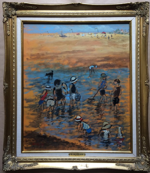 Schilderij van Henry St Clair (1899-1990) "Les Enfants À La Pêche À Marée Basse" (Kinderen die vissen bij eb)