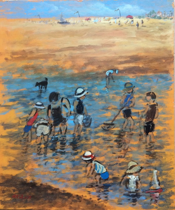 Image 1 of Schilderij van Henry St Clair (1899-1990) "Les Enfants À La Pêche À Marée Basse" (Kinderen die vissen bij eb)