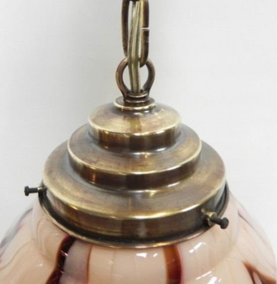 Image 1 of Art deco hanglamp met gemarmerde zalmkleurige kap