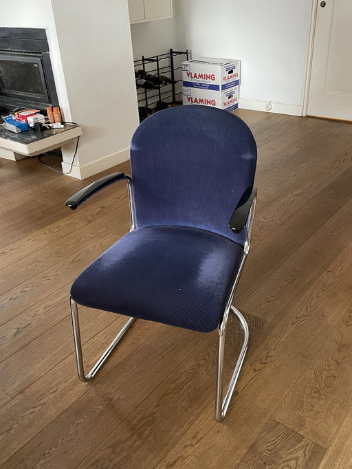 6x Gebr. van der Stroom Dutch Originals Gispen 413RL eetkamerstoelen donkerblauw ribfluweel Gispen