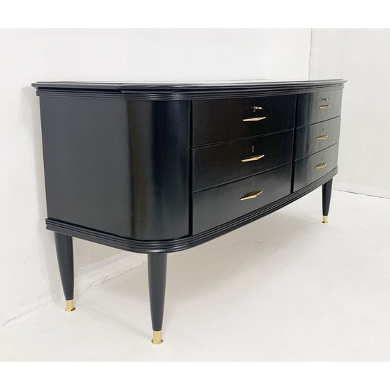 Image 1 of Mid century zwart gelakte ladekast met glazen blad, Italië 1950