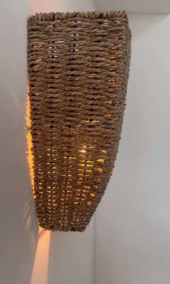 Image 1 of 2X Vintage wandlamp, gevlochten rotan, Frankrijk 1980