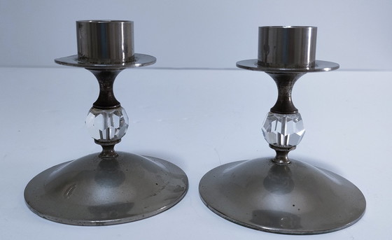 Image 1 of Drie Vintage Chroom Glazen Metalen Kandelaars