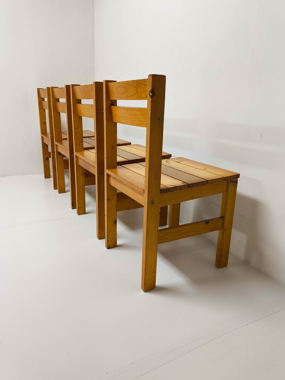 Image 1 of 4x Vintage massief grenen eetkamerstoelen