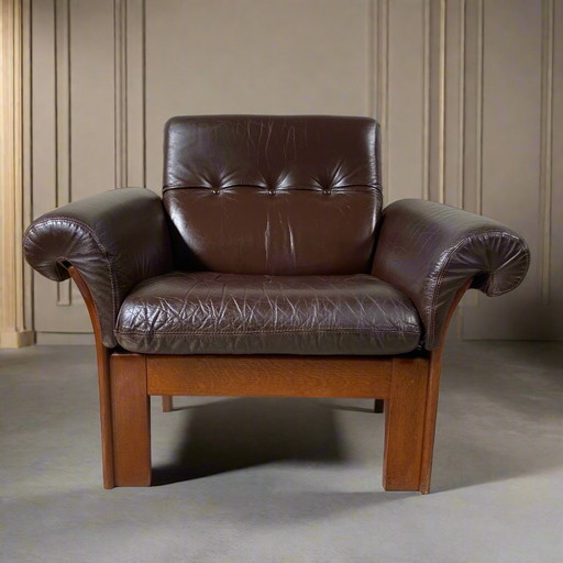 Mid-Century Bruin Leren Fauteuil Eiken Frame