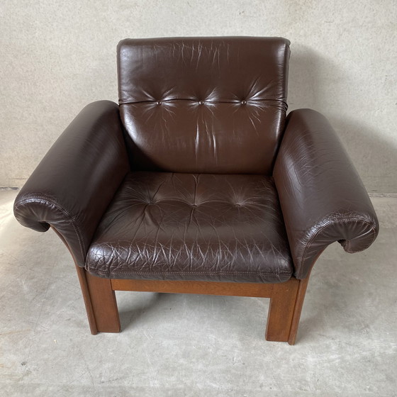 Image 1 of Mid-Century Bruin Leren Fauteuil Eiken Frame