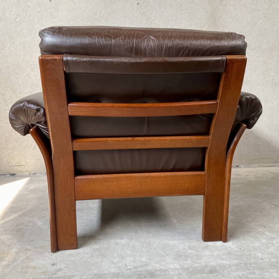 Image 1 of Mid-Century Bruin Leren Fauteuil Eiken Frame