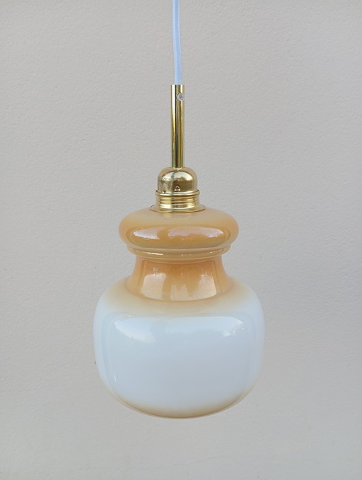 Vintage 70s Opaline Wit En Iriserend Geel Oker Hanglamp