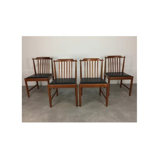 Image 1 of Set van 4 vintage Scandinavische stoelen van teakhout en zwart kunstleer, jaren 1960