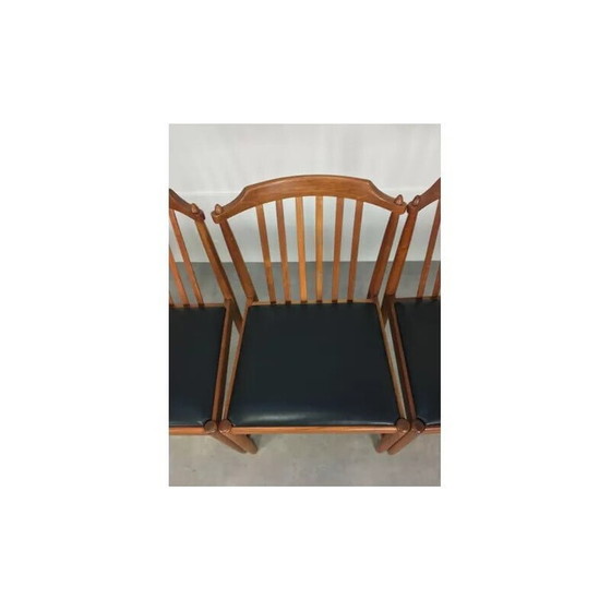 Image 1 of Set van 4 vintage Scandinavische stoelen van teakhout en zwart kunstleer, jaren 1960