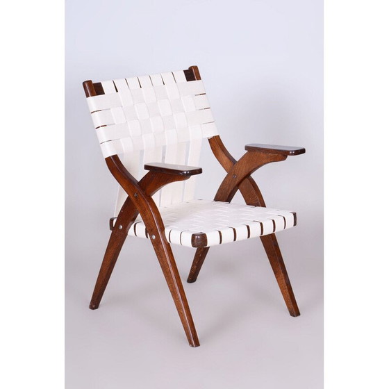 Image 1 of Vintage Art Deco fauteuil in eikenhout en katoen van Jan Vaněk, Tsjecho-Slowakije 1940