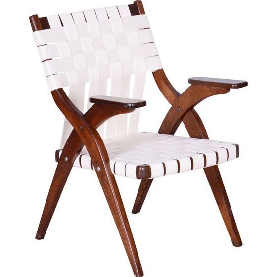 Image 1 of Vintage Art Deco fauteuil in eikenhout en katoen van Jan Vaněk, Tsjecho-Slowakije 1940