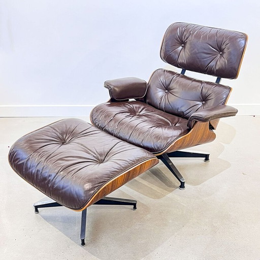 Vintage fauteuil met voetenbank in Rio palissander van Charles en Ray Eames, 1970