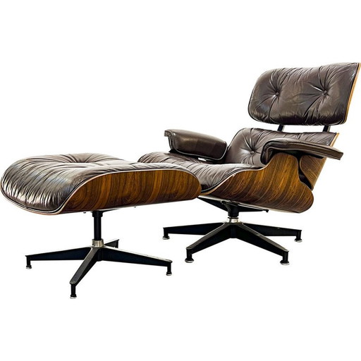 Vintage fauteuil met voetenbank in Rio palissander van Charles en Ray Eames, 1970