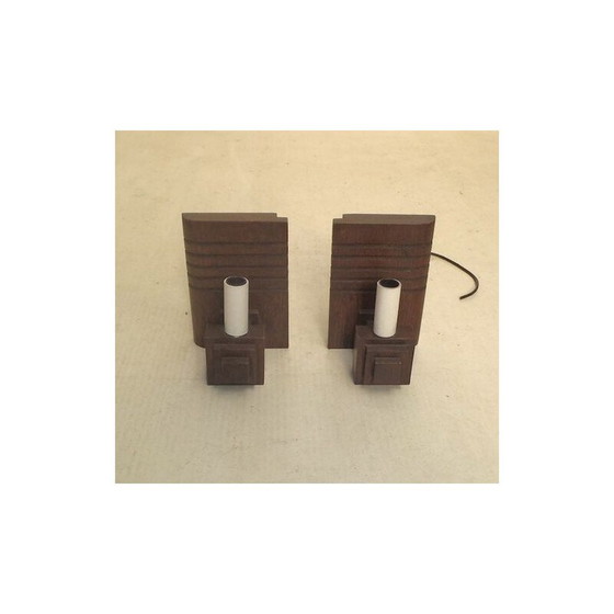 Image 1 of Paar vintage massief eikenhouten wandlampen van Charles Dudouyt