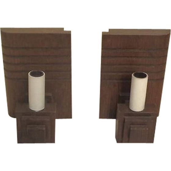 Image 1 of Paar vintage massief eikenhouten wandlampen van Charles Dudouyt
