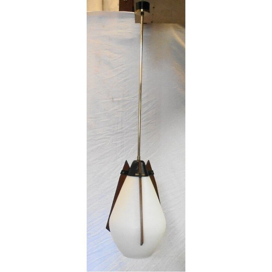Image 1 of Vintage hanglamp van messing en teakhout, Italië 1970
