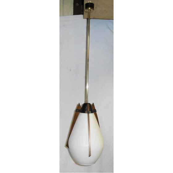 Image 1 of Vintage hanglamp van messing en teakhout, Italië 1970