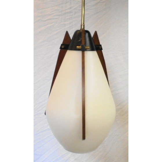 Image 1 of Vintage hanglamp van messing en teakhout, Italië 1970