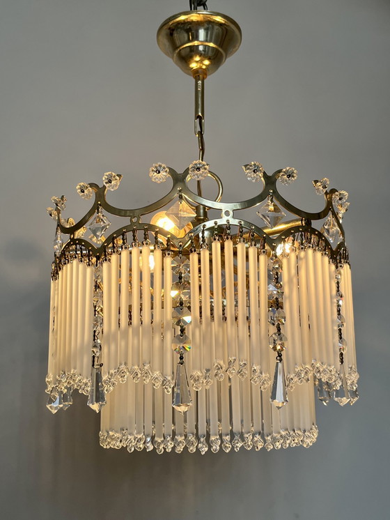 Image 1 of Staafjes art deco stijl hanglamp kristal gedraaide staafjes kroonluchter 2 etages 