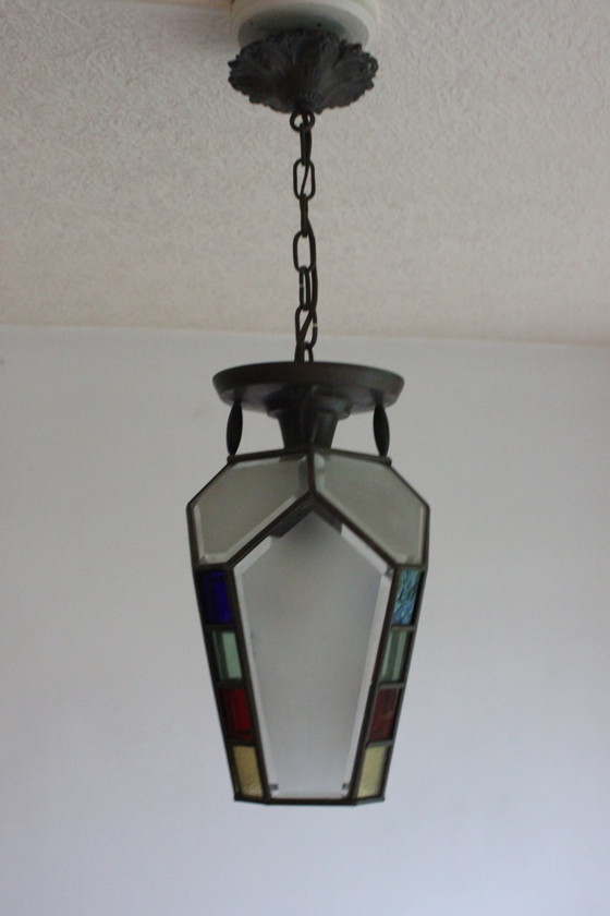 Image 1 of Art Deco Gebrandschilderd Glas Hanglamp, 1920S