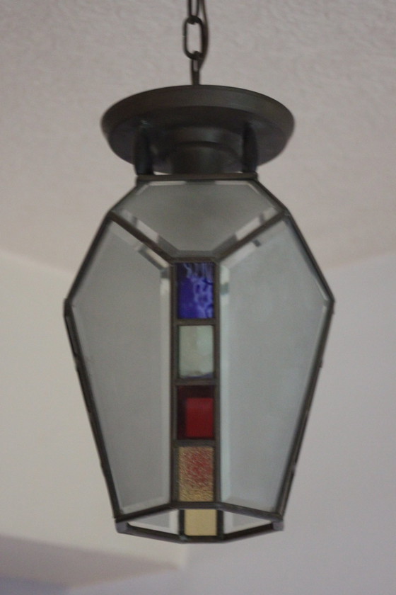 Image 1 of Art Deco Gebrandschilderd Glas Hanglamp, 1920S