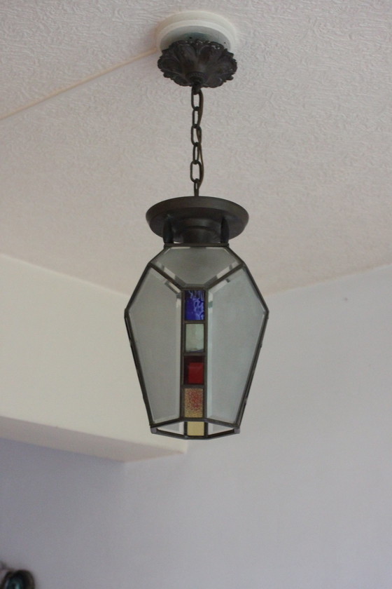 Image 1 of Art Deco Gebrandschilderd Glas Hanglamp, 1920S