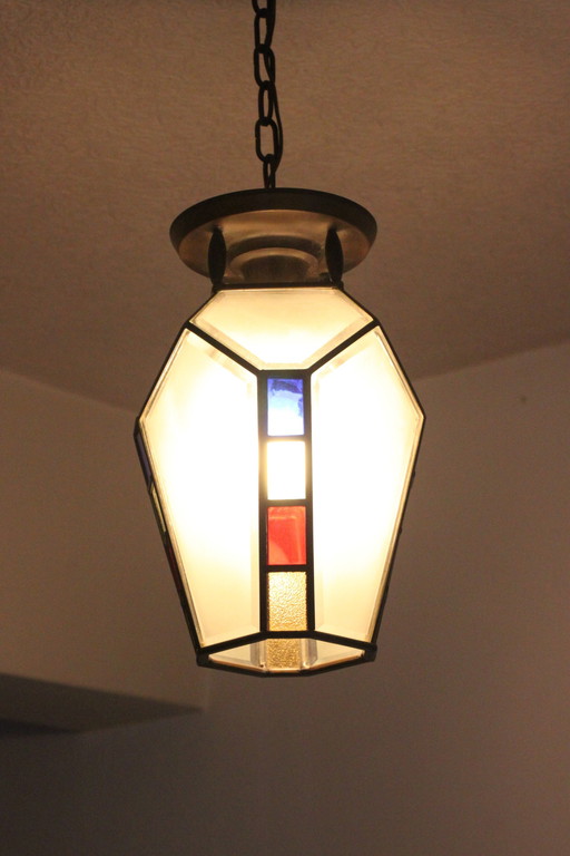 Art Deco Gebrandschilderd Glas Hanglamp, 1920S