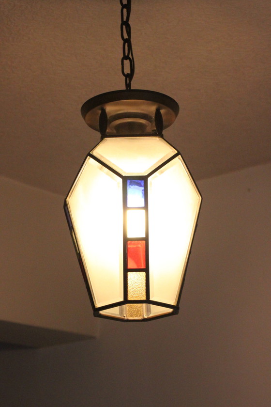 Image 1 of Art Deco Gebrandschilderd Glas Hanglamp, 1920S