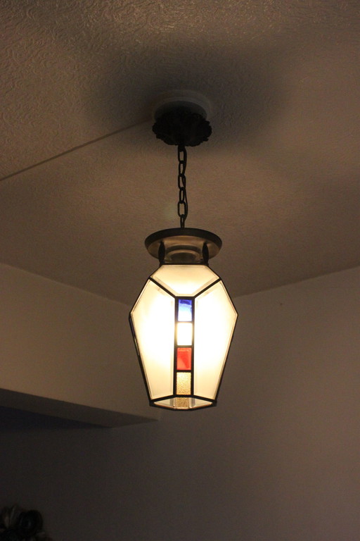 Art Deco Gebrandschilderd Glas Hanglamp, 1920S