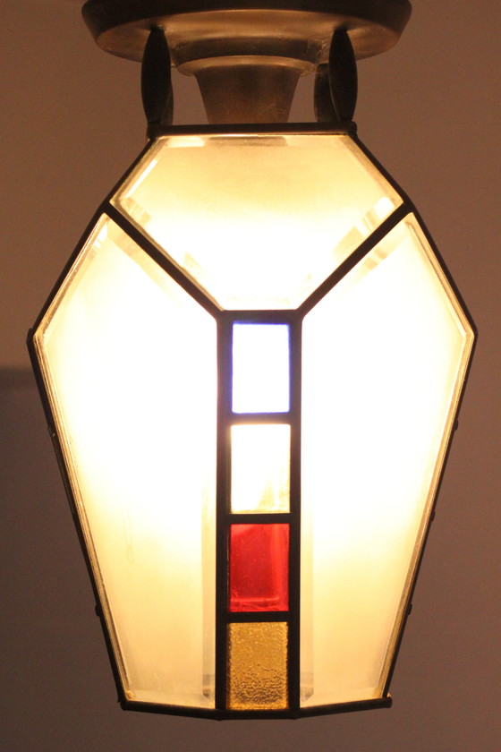 Image 1 of Art Deco Gebrandschilderd Glas Hanglamp, 1920S